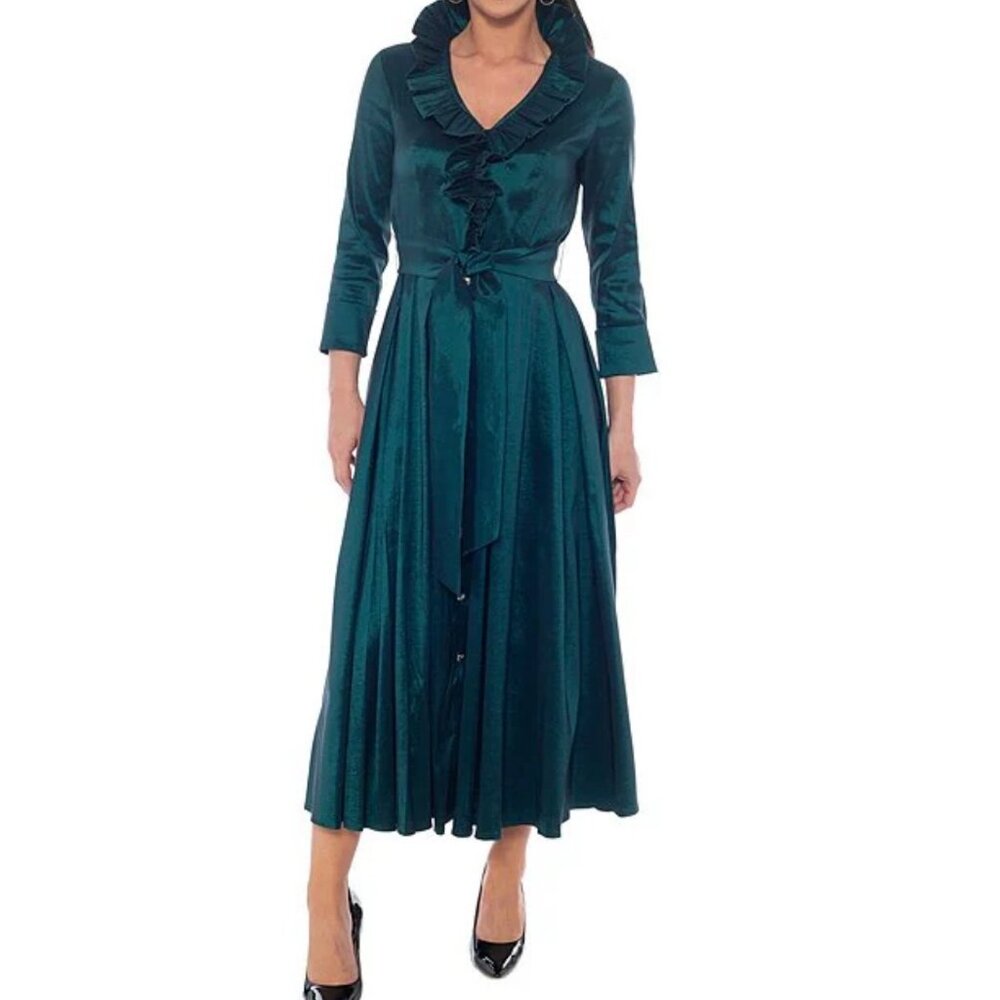 NWT Oleg Cassini Taffeta Emerald Long Shirt Dress with Ruffled Collar Gown XL